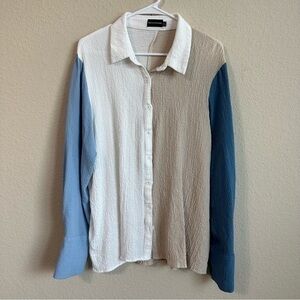PrettyLittleThing Top Colorblock Button Down Shirt Long Sleeve Blue Cream Tan